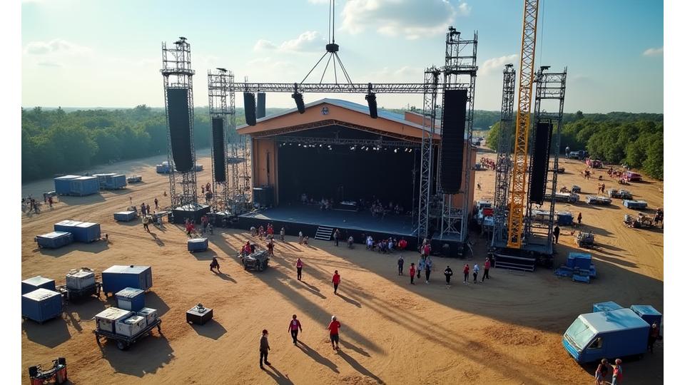Cranes and crew assembling large stage components and lighting trusses at a festival site during the day, highlighting efficient setup.