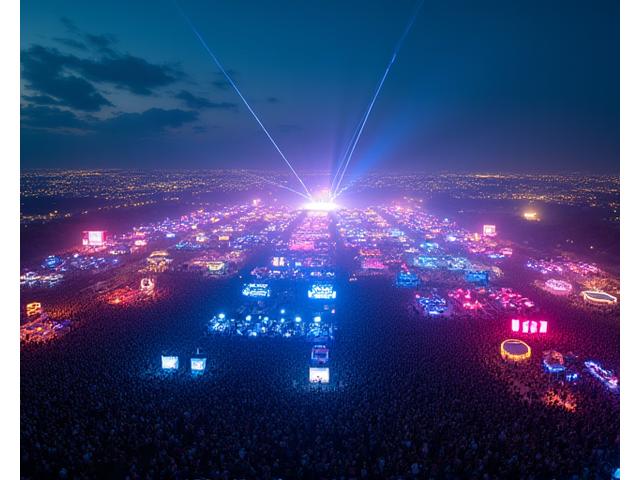 The transformed open field now bustling with festival-goers, features multiple stages, art installations, and vibrant ambient lighting.
