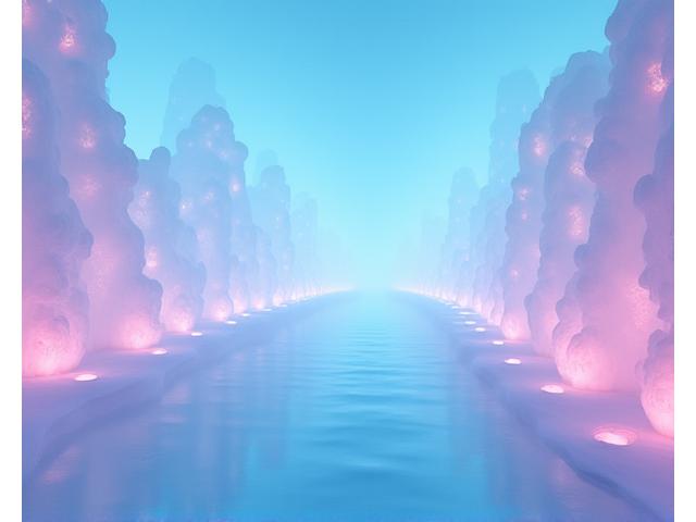 Serene, glowing stage design with ethereal lighting and organic forms, fitting 'Celestial Sanctuary' theme party.