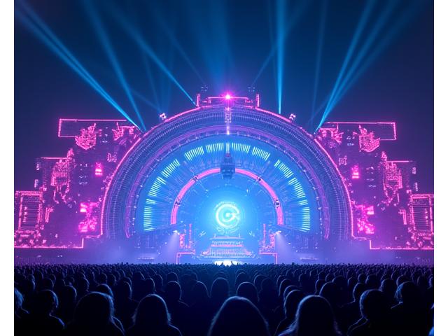 Dynamic stage design featuring geometric shapes and intense violet and blue lighting, designed for 'Quantum Rift' festival.