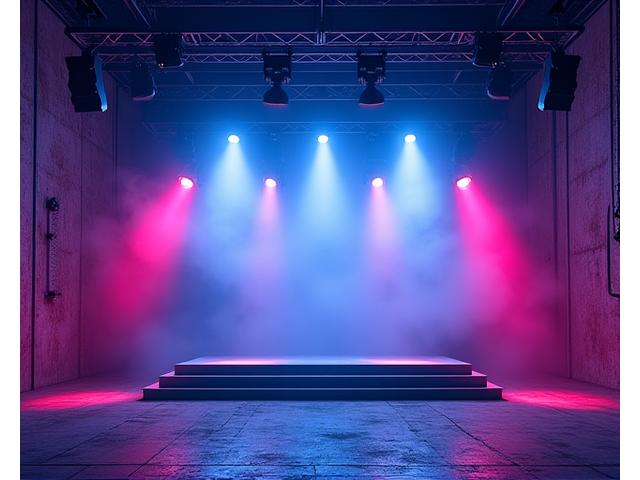 Gritty, industrial stage setup in a city backdrop with intense red and yellow lighting, designed for an 'Urban Rave' takeover.