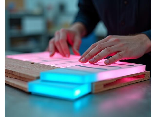 Artists working on a prototype of a stage element made from recycled, glowing materials, emphasizing sustainability and innovation.
