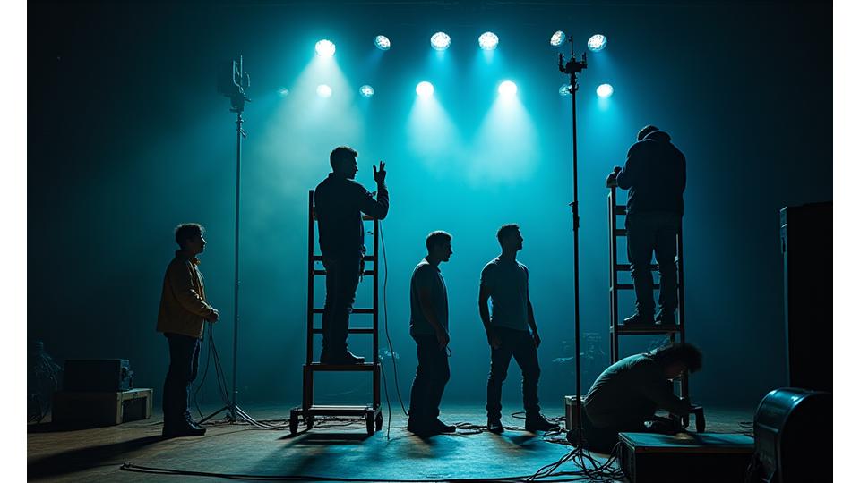 Technicians meticulously setting up complex stage lighting equipment before an event, demonstrating precision and expertise.