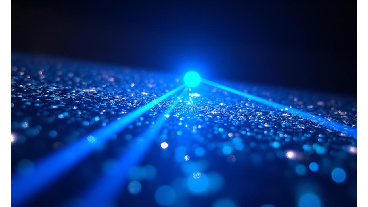 Close-up of high-definition LED wall displaying dynamic content, with laser beams cutting through haze in the foreground, demonstrating technical prowess.
