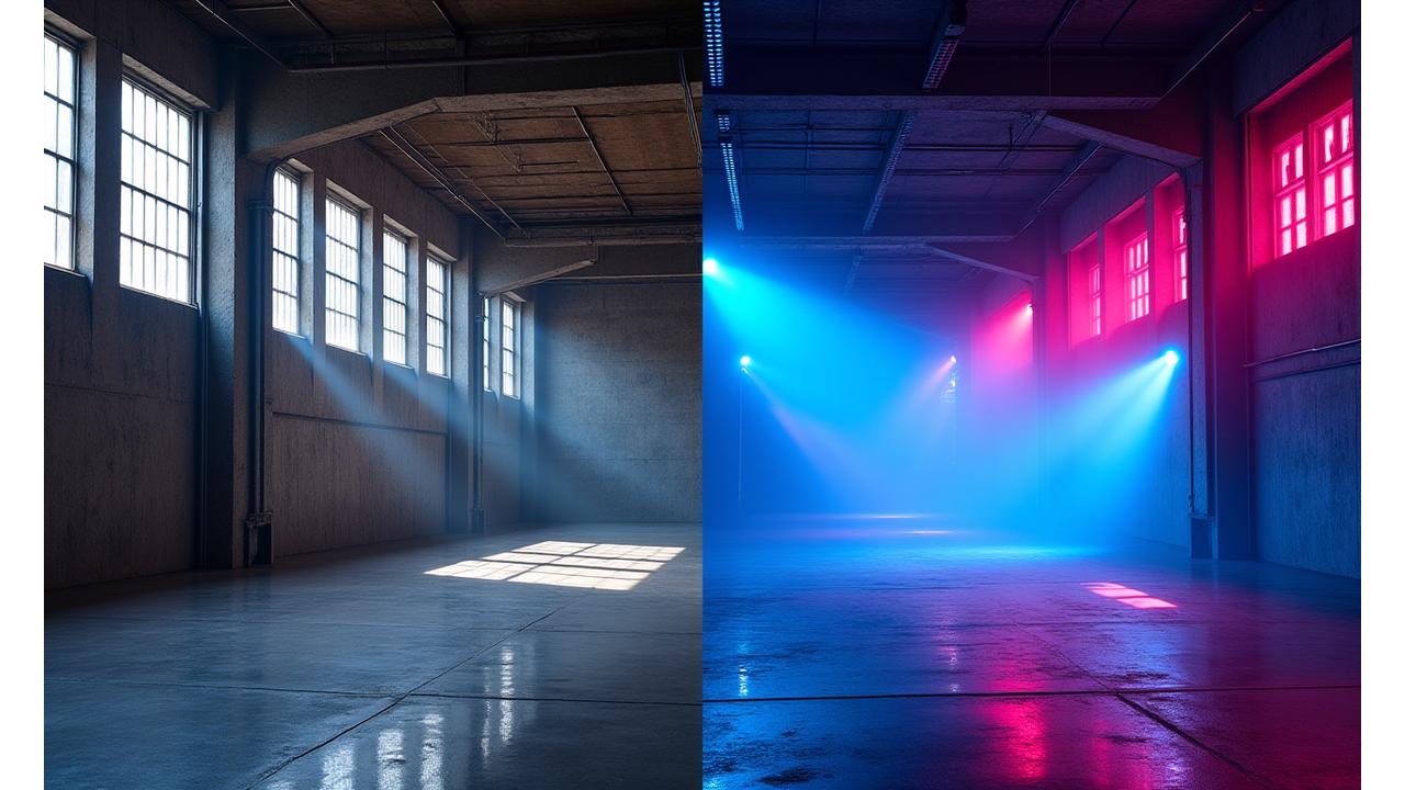 Before and after comparison of a bare warehouse transformed into an immersive rave environment with intricate lighting and stage elements.