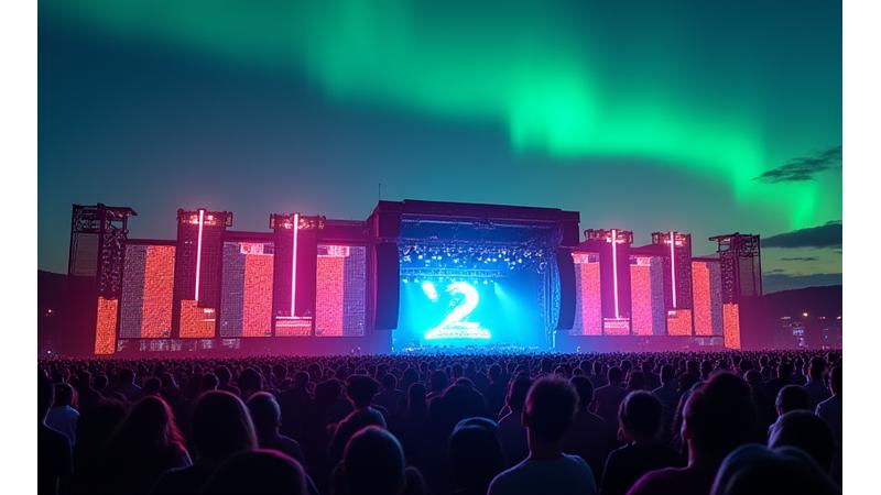 Futuristic solar panels powering an LED screen at an outdoor music festival, with a glowing energy flow visualization