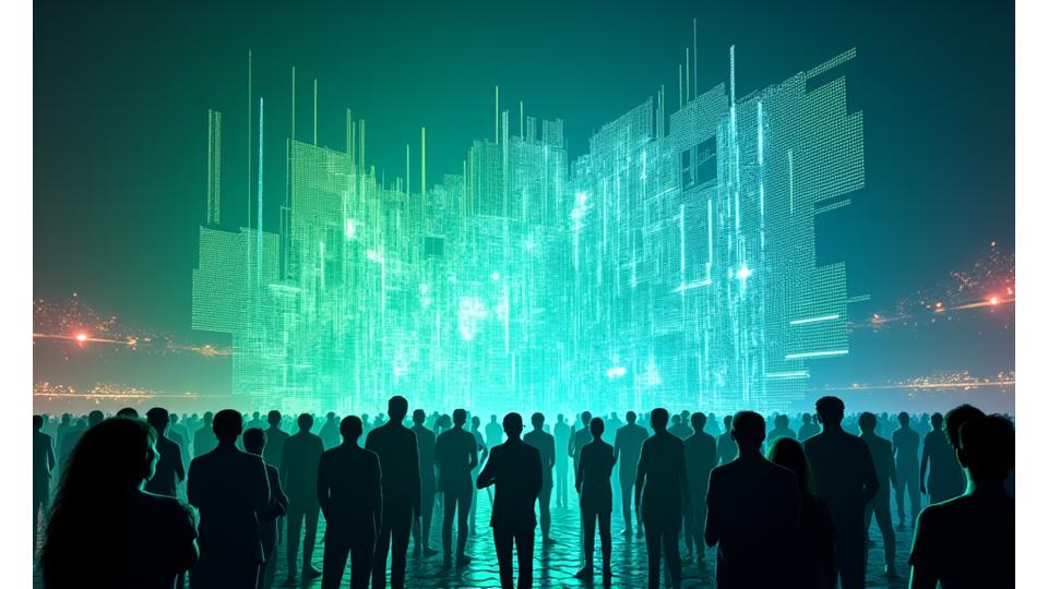 Glowing, futuristic digital art installation powered by green energy at an electronic music festival, showcasing energy efficiency
