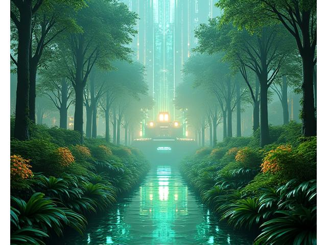 Lush digital forest growing from a geometric, glowing concert stage, symbolizing sustainable growth and futuristic event production