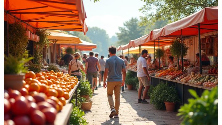 Diverse group of local, sustainable Los Angeles vendors at an outdoor market setting, showcasing organic produce and eco-friendly products