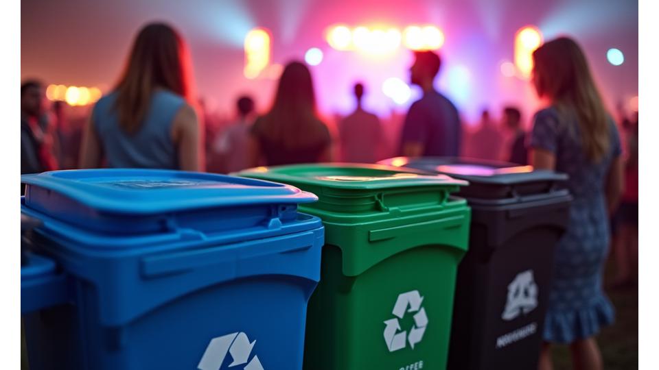 Colorful, clearly labeled recycling and compost bins at a vibrant electronic music festival, with attendees responsibly sorting waste