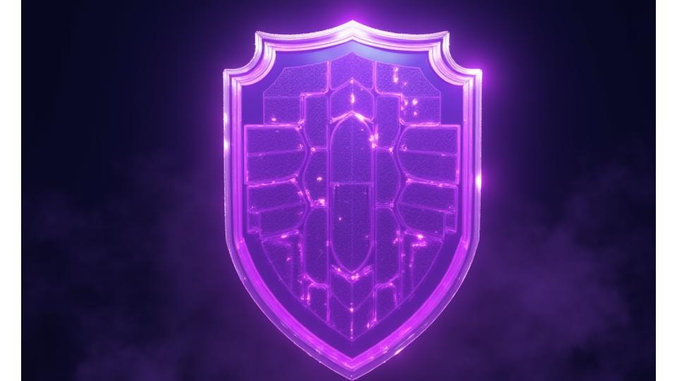 Glowing, futuristic shield with geometric grid patterns, representing protection and risk management in a digital space.