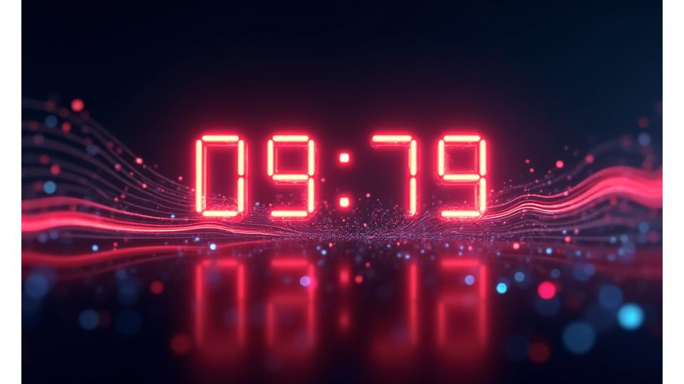 Abstract neon clock with glowing numbers and a dynamic timeline, symbolizing payment schedules and cancellation deadlines.
