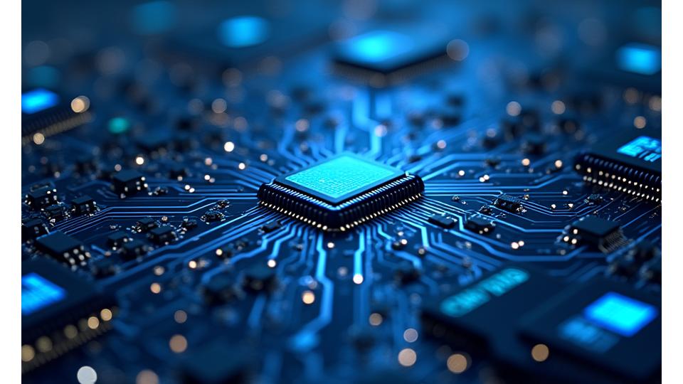 Intricate electronic circuit board with glowing neon lines, representing complex service details and interconnections.