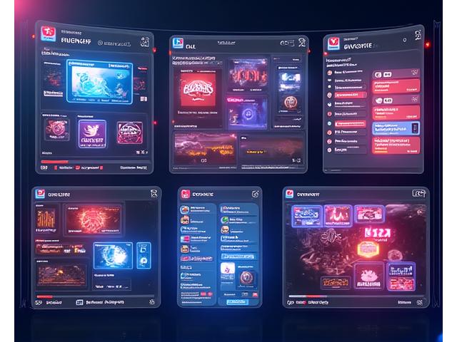 Screenshots of various interactive virtual event features: polls, live chat, virtual merchandise store, and social media feed.
