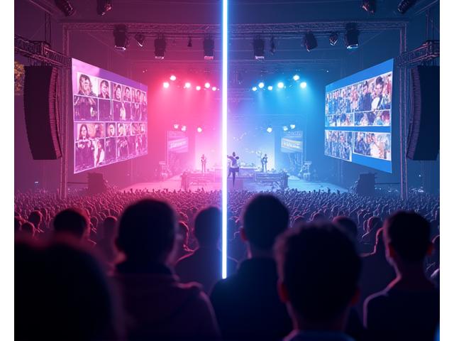 Dynamic split-screen view showing a live festival crowd on one side and an engaging virtual audience interface on the other.