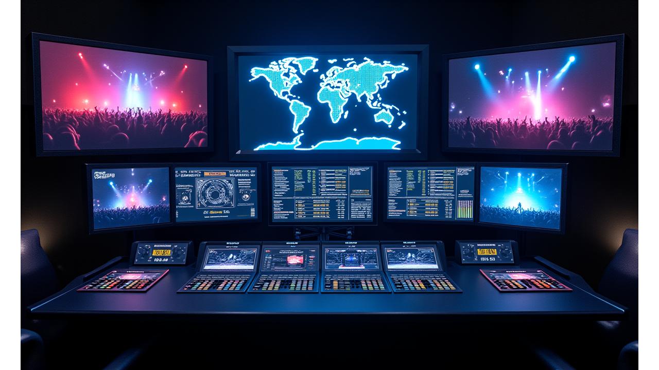 Livestreaming interface displaying multiple camera feeds of a music event, with chat window and global distribution map.
