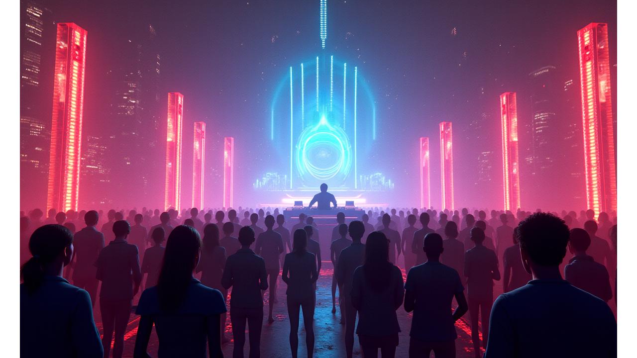Futuristic virtual festival interface with augmented reality elements and global audience connections.