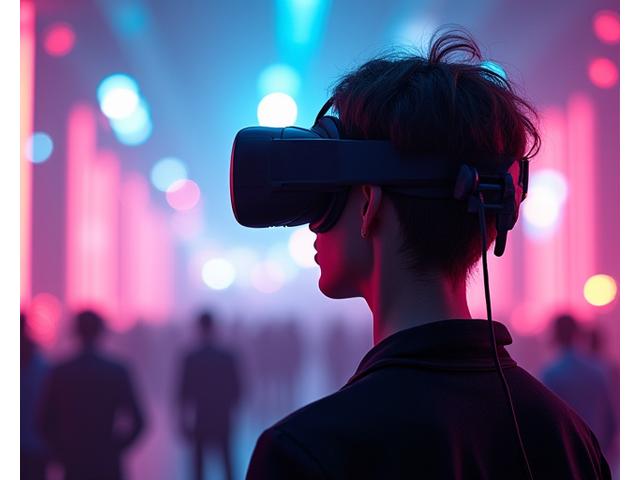 Person wearing a VR headset immersed in a vibrant, futuristic virtual festival environment with holographic DJ and laser light show.